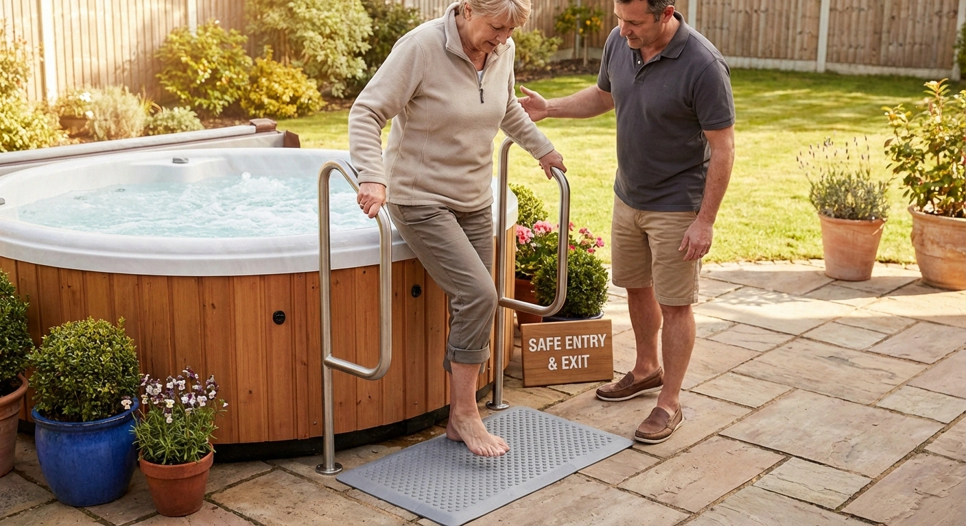 Person carefully exiting hot tub holding grab bar stepping onto non-slip mat with companion nearby for safety
