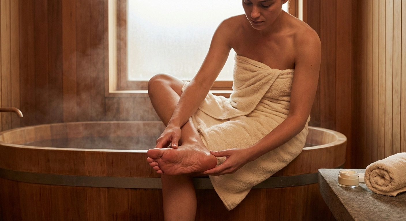 Person inspecting sole of foot after hot tub session checking for redness or irritation