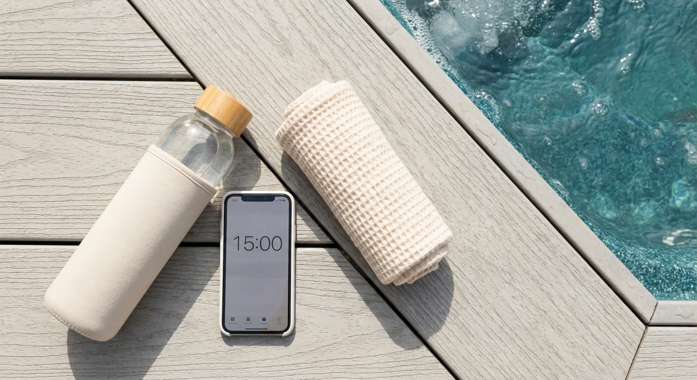 Water bottle and 15-minute timer beside hot tub deck showing hydration and time limit safety essentials for neuropathy