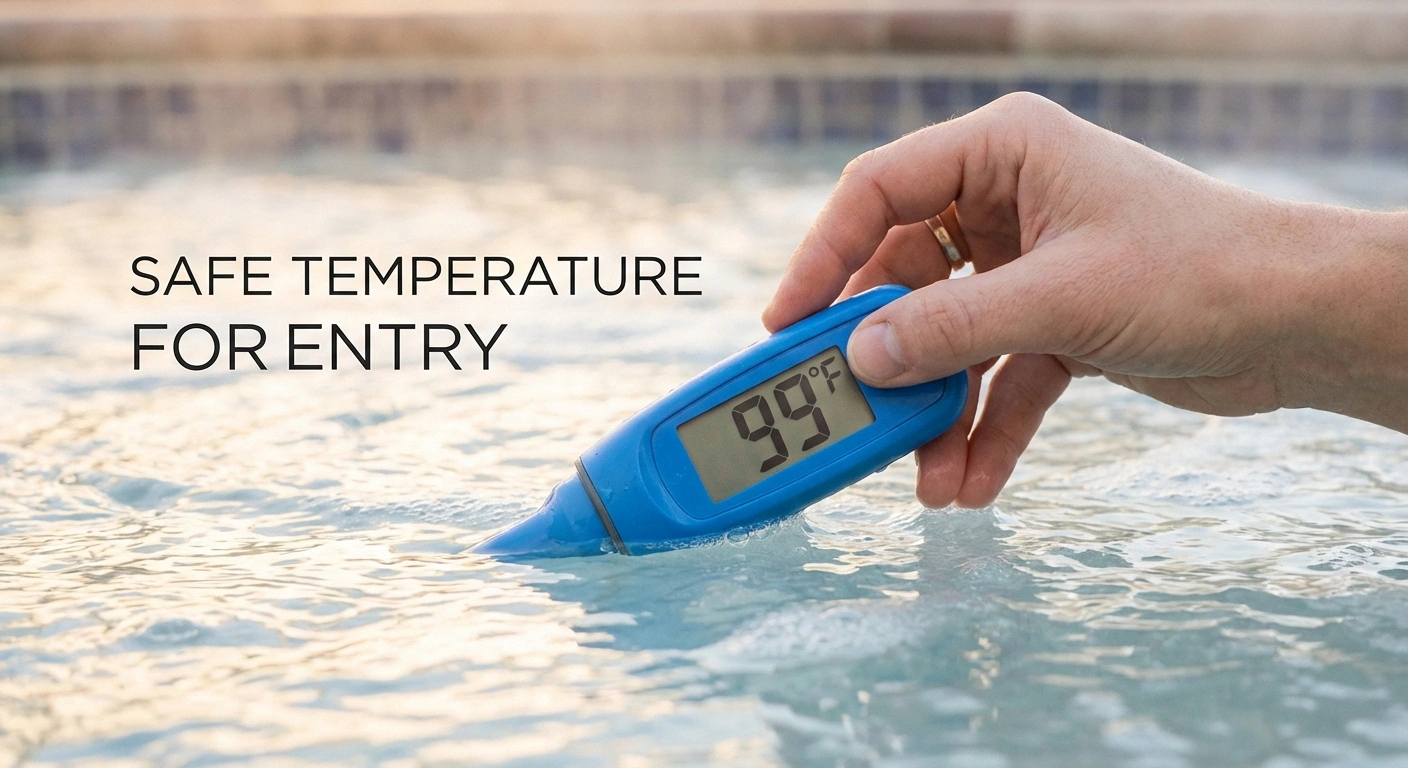 Waterproof thermometer in hot tub water showing 99 degrees Fahrenheit safe temperature for neuropathy