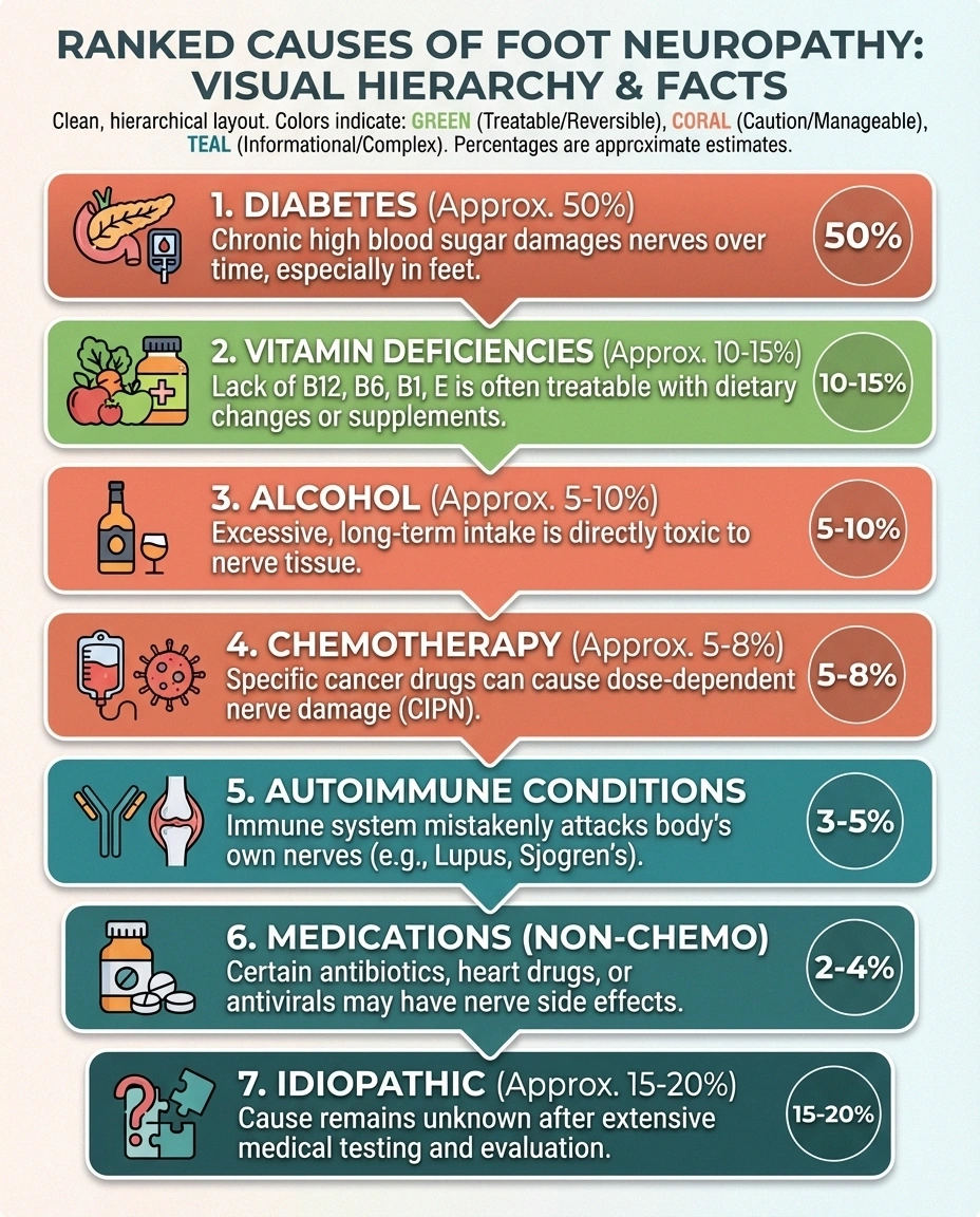 Infographic showing the most common causes of neuropathy in feet ranked by prevalence
