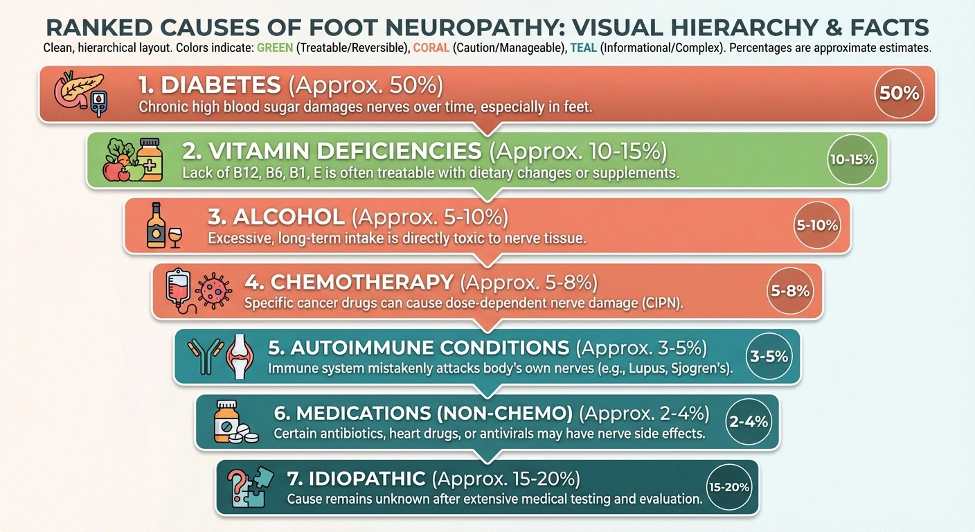 Infographic showing the most common causes of neuropathy in feet ranked by prevalence