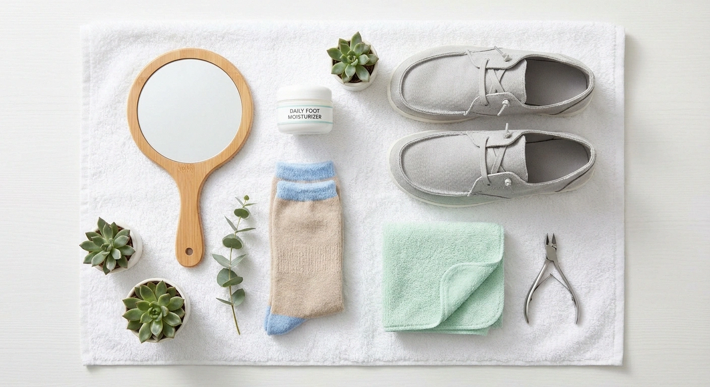 Flat lay of neuropathy foot care essentials including moisturizer comfortable shoes mirror and socks