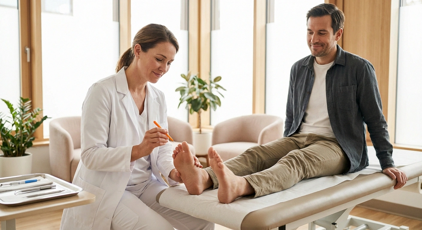 Doctor performing monofilament sensation test on patient foot during neuropathy diagnosis