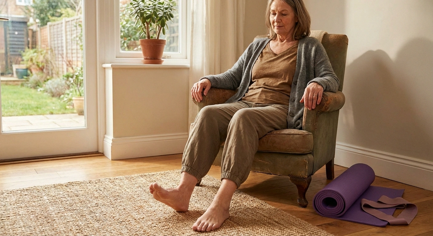 Older woman doing gentle toe curl exercises at home for foot neuropathy relief