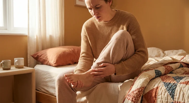 Person sitting on bed edge examining their bare foot for neuropathy symptoms in morning light