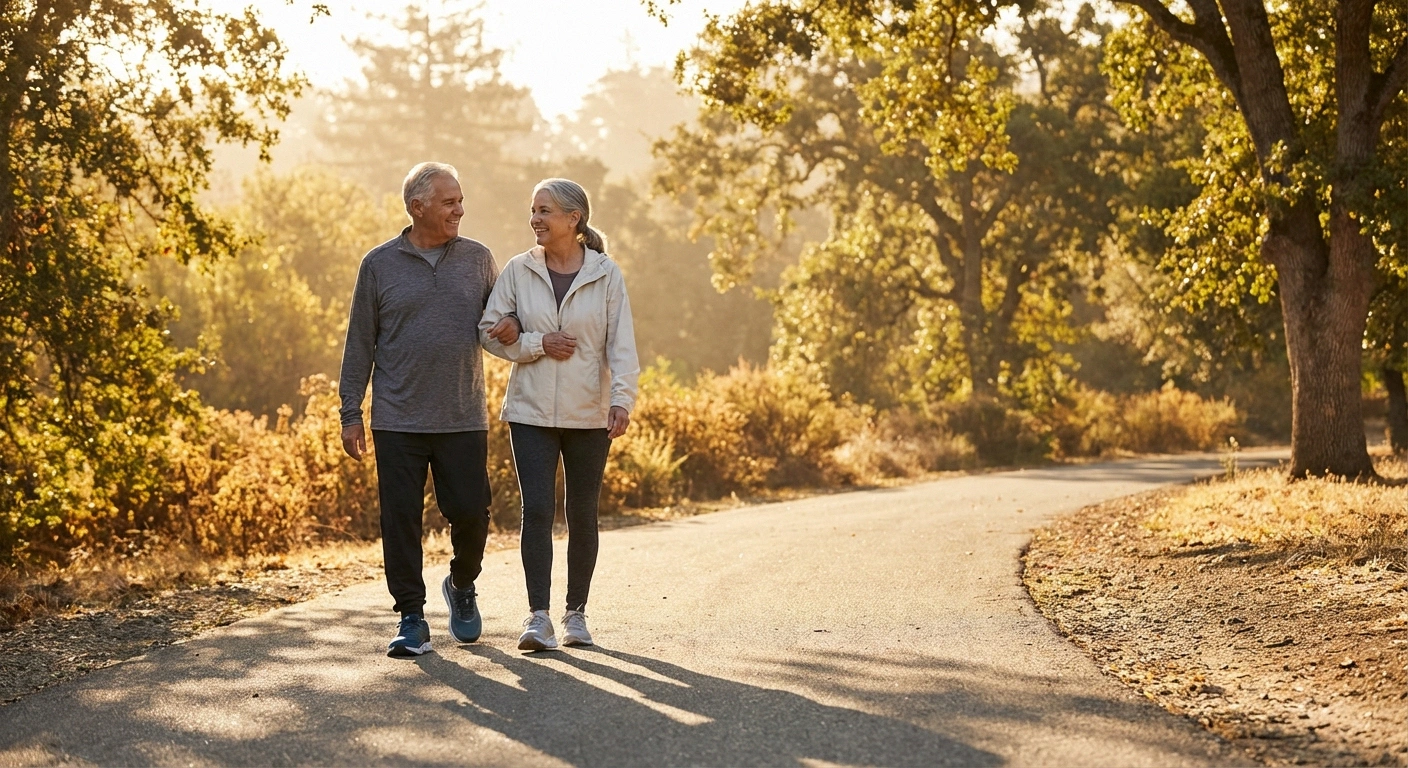 Two people walking together on a park path wearing supportive shoes representing life with foot neuropathy