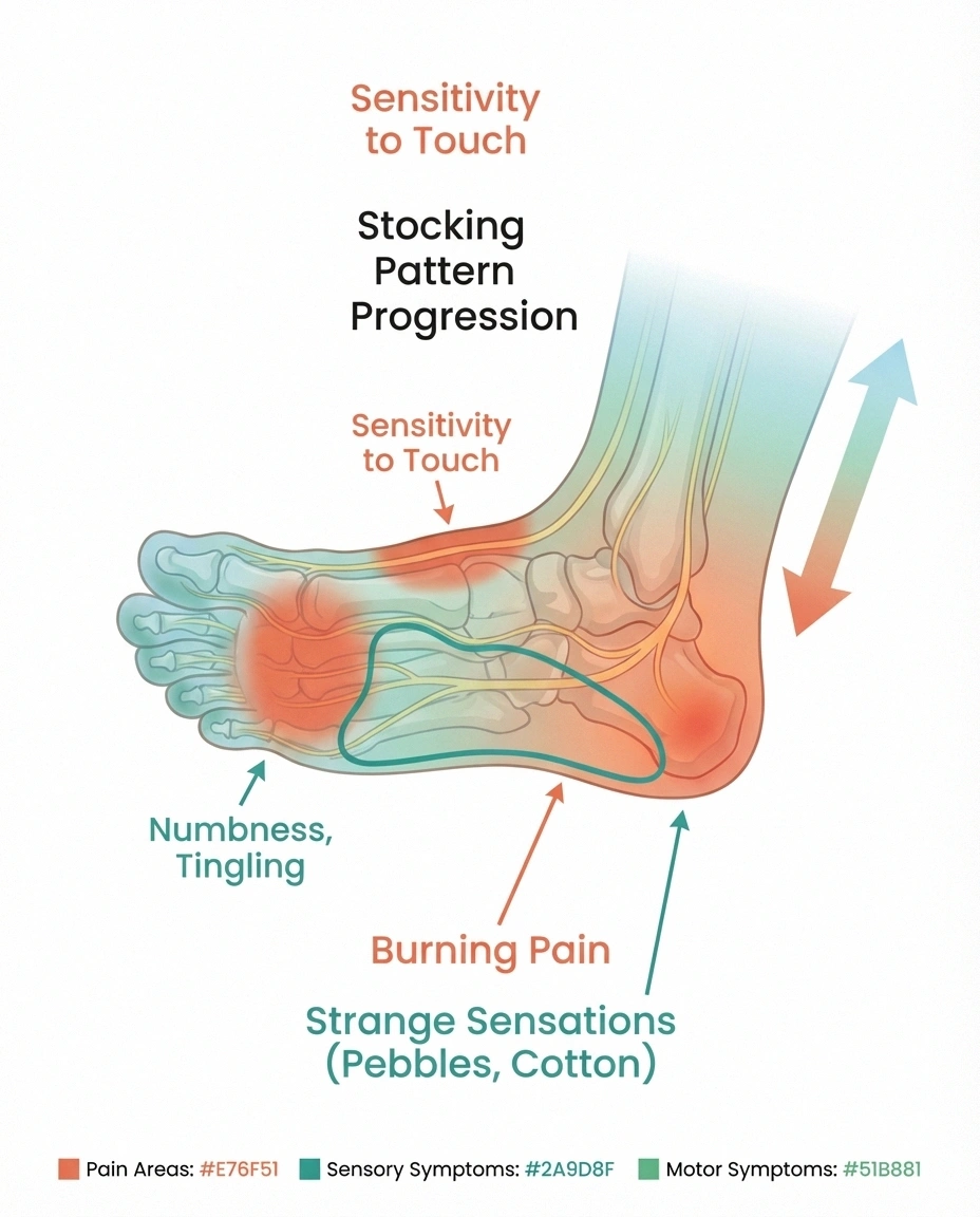 Diagram of foot showing where common neuropathy symptoms occur including numbness tingling and burning pain