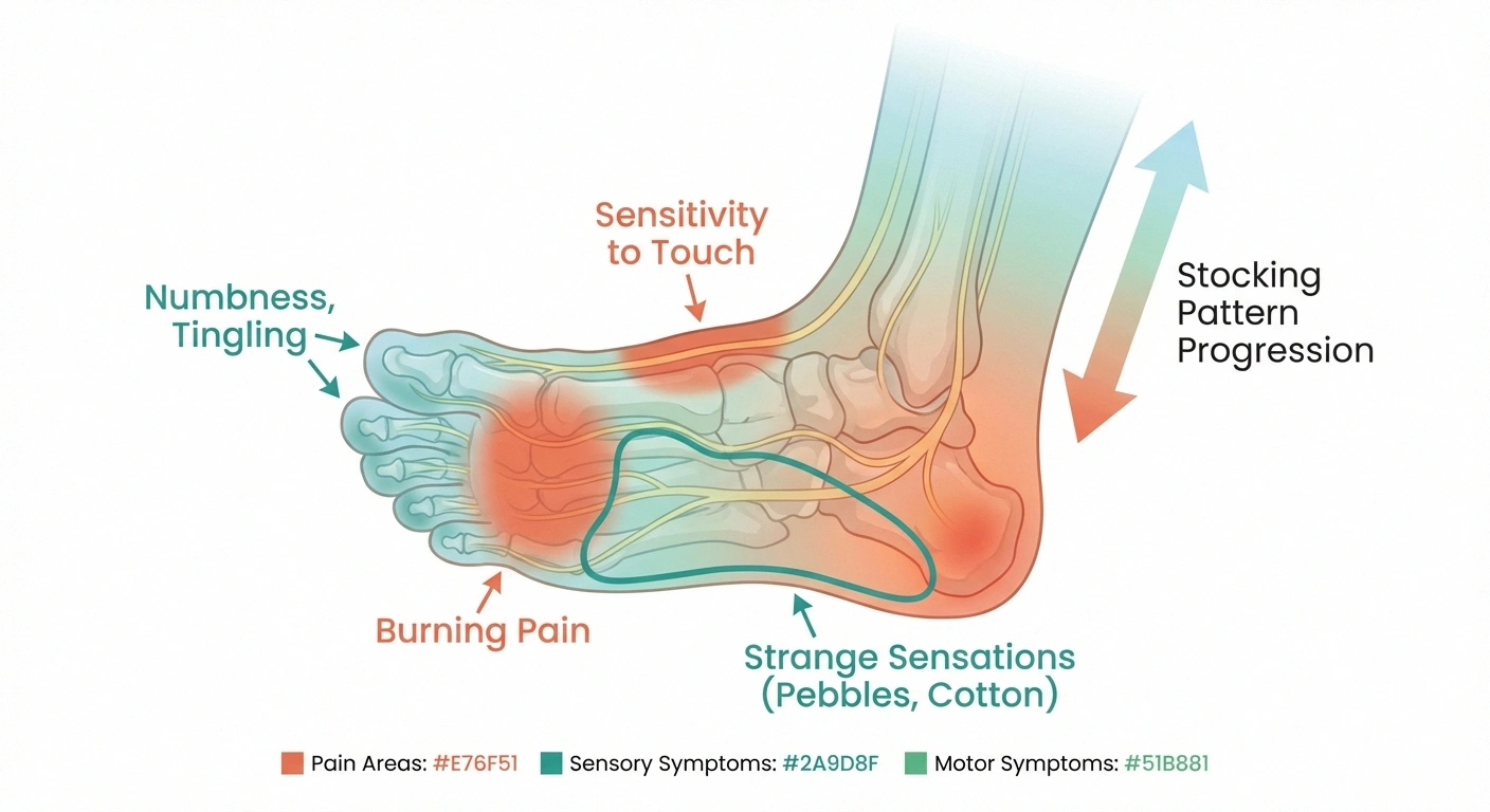 Diagram of foot showing where common neuropathy symptoms occur including numbness tingling and burning pain