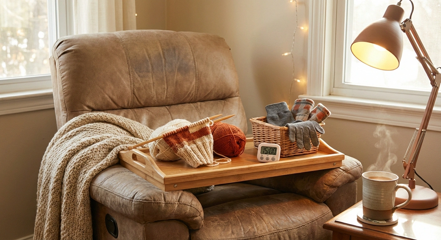 Cozy knitting station setup for neuropathy crafters with lap tray, 15-minute timer, compression gloves, hand warmers, and good lighting