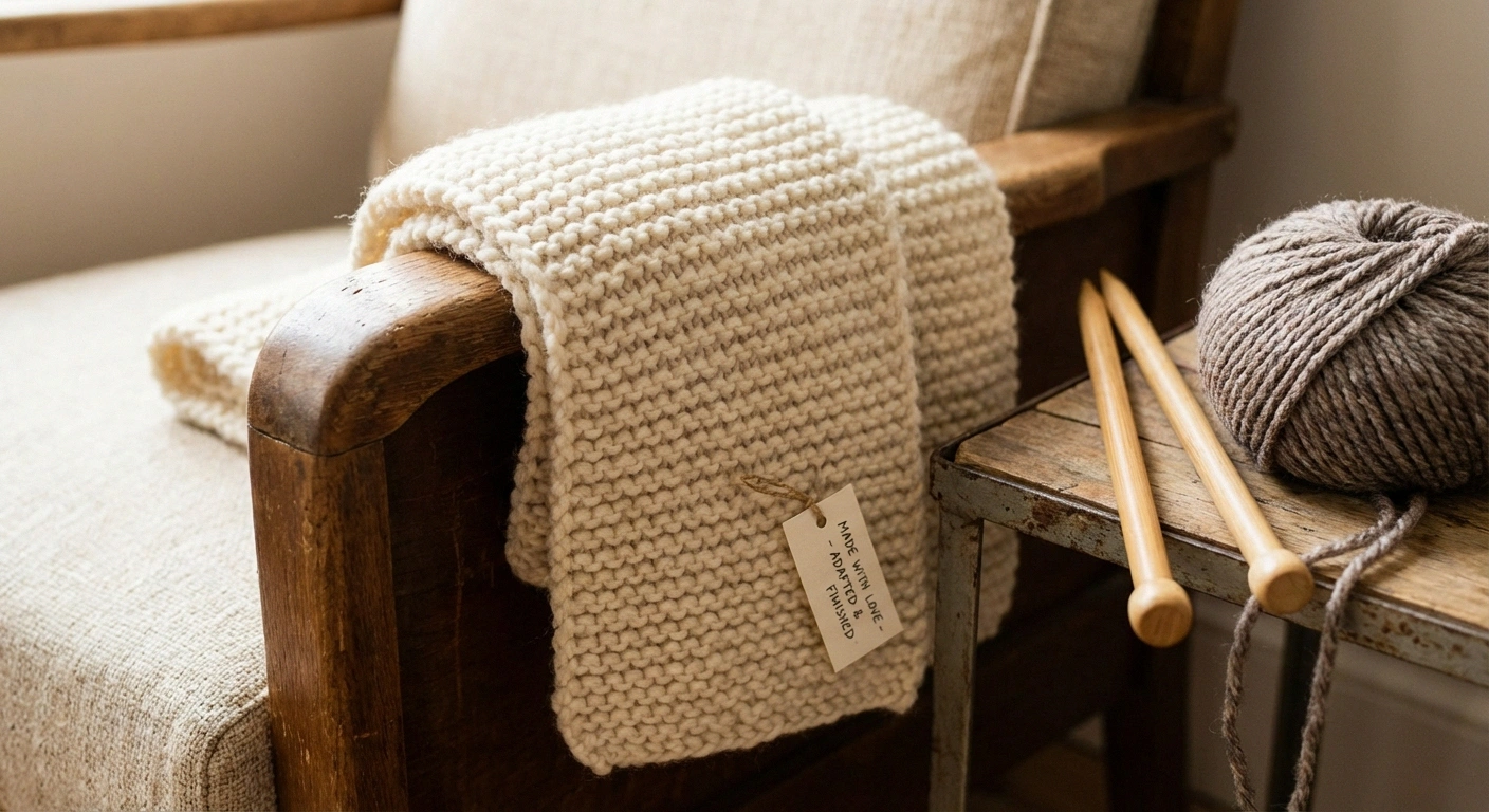 Beautifully finished chunky hand-knitted scarf draped over a chair arm, showing that knitting with neuropathy adaptations produces beautiful results
