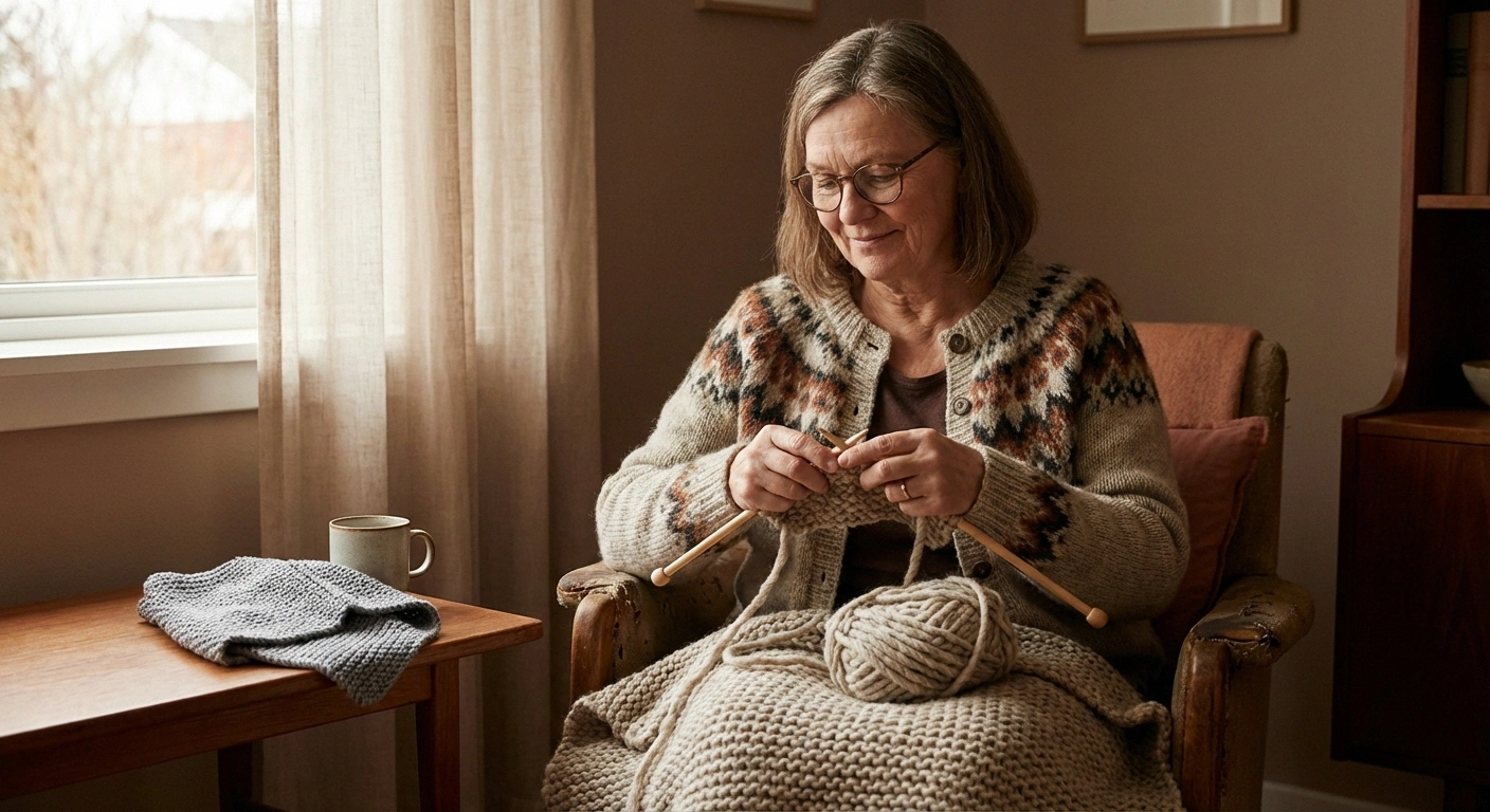 Older woman knitting a simple chunky yarn project with calm contentment, representing the emotional journey of adapting a craft practice to neuropathy limitations