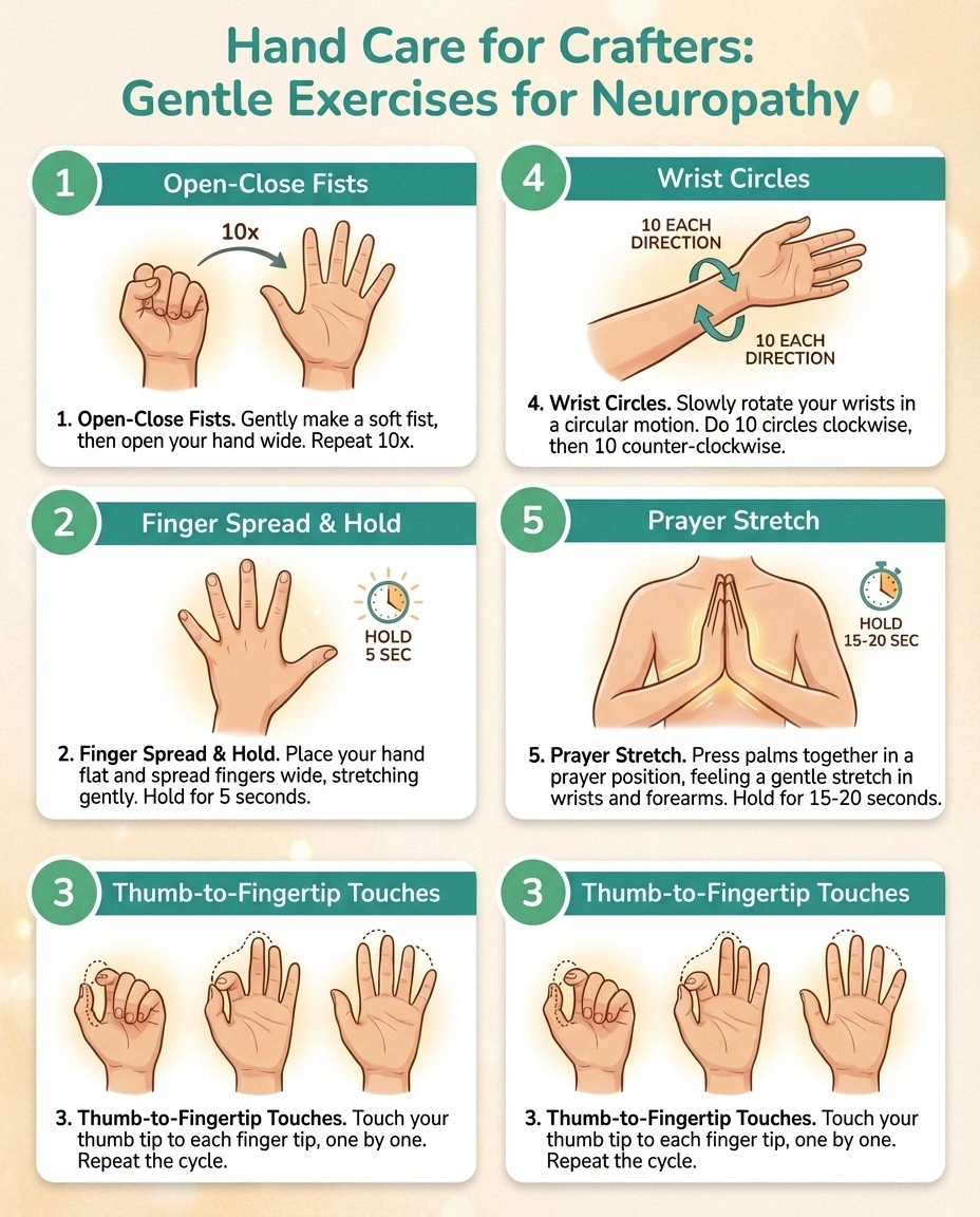 Illustrated guide showing five hand warm-up exercises for knitters and crocheters with neuropathy including finger stretches, wrist circles, and thumb touches