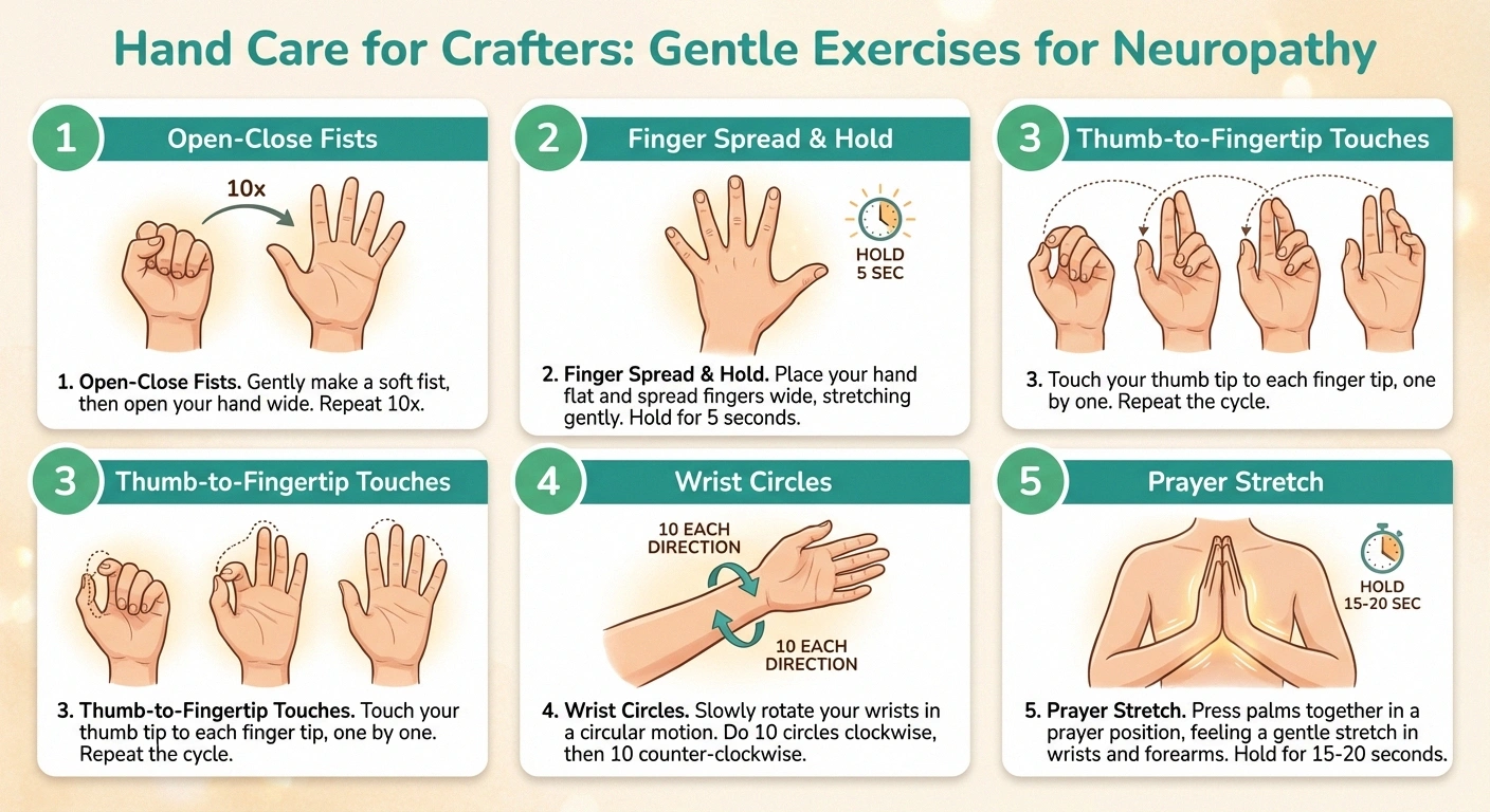 Illustrated guide showing five hand warm-up exercises for knitters and crocheters with neuropathy including finger stretches, wrist circles, and thumb touches