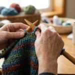 Close-up of older hands knitting with chunky yarn and large bamboo needles, showing that crafting continues with neuropathy adaptations