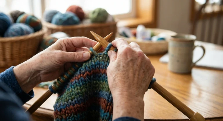 Close-up of older hands knitting with chunky yarn and large bamboo needles, showing that crafting continues with neuropathy adaptations