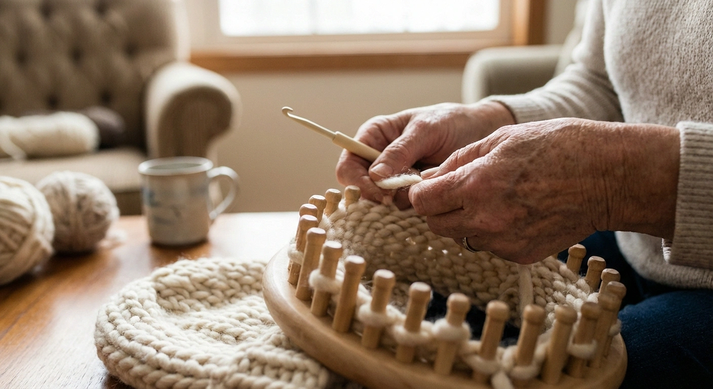 Hands working on a round knitting loom with chunky yarn, demonstrating an accessible alternative to needle knitting for people with hand neuropathy