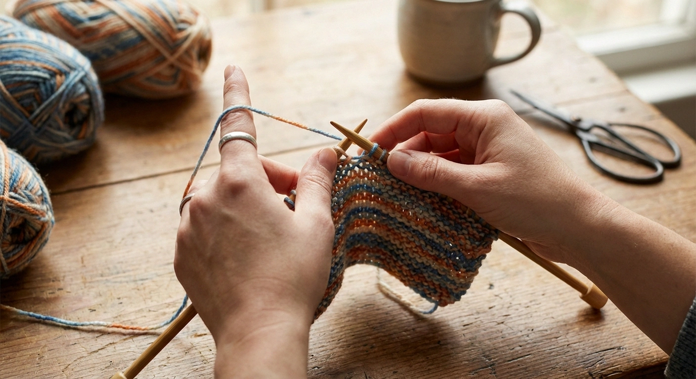 Hands demonstrating Continental knitting technique with yarn tensioned over the index finger, a technique modification that reduces wrist strain for knitters with neuropathy