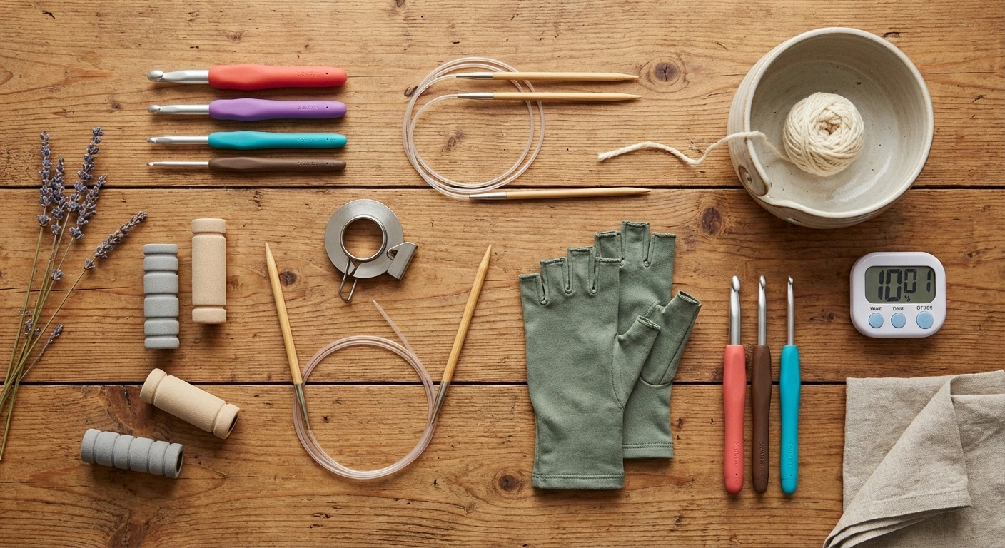 Flat lay of adaptive knitting and crochet tools for neuropathy including ergonomic hooks, bamboo needles, foam grips, compression gloves, yarn bowl, and timer
