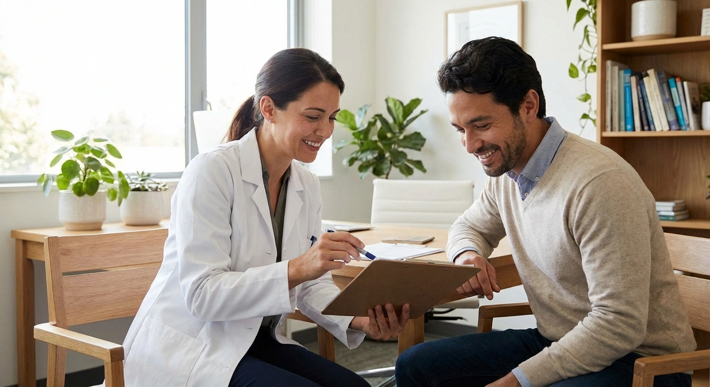 Doctor reviewing and explaining neuropathy blood test results with patient in medical office