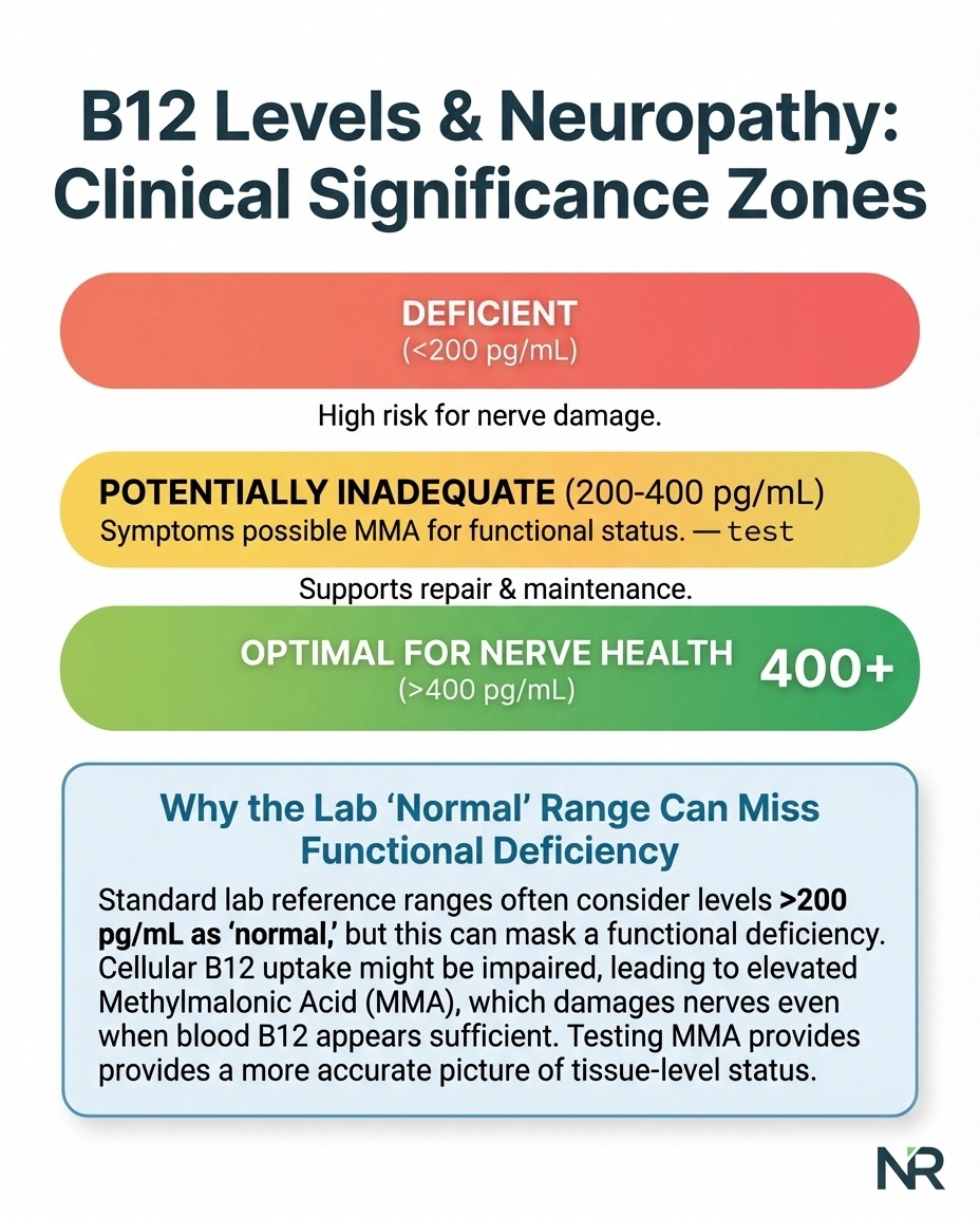 B12 level chart showing optimal, potentially inadequate, and deficient ranges for neuropathy nerve health