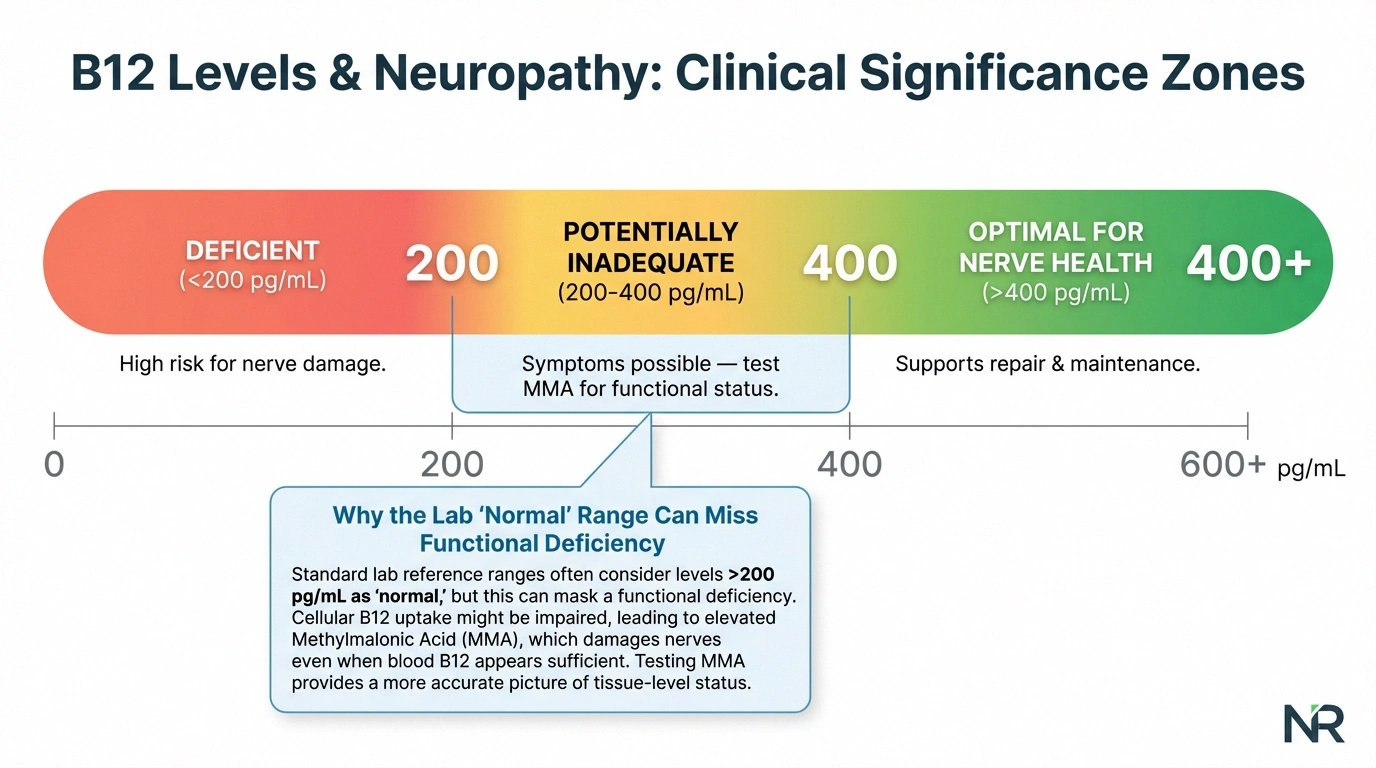 B12 level chart showing optimal, potentially inadequate, and deficient ranges for neuropathy nerve health