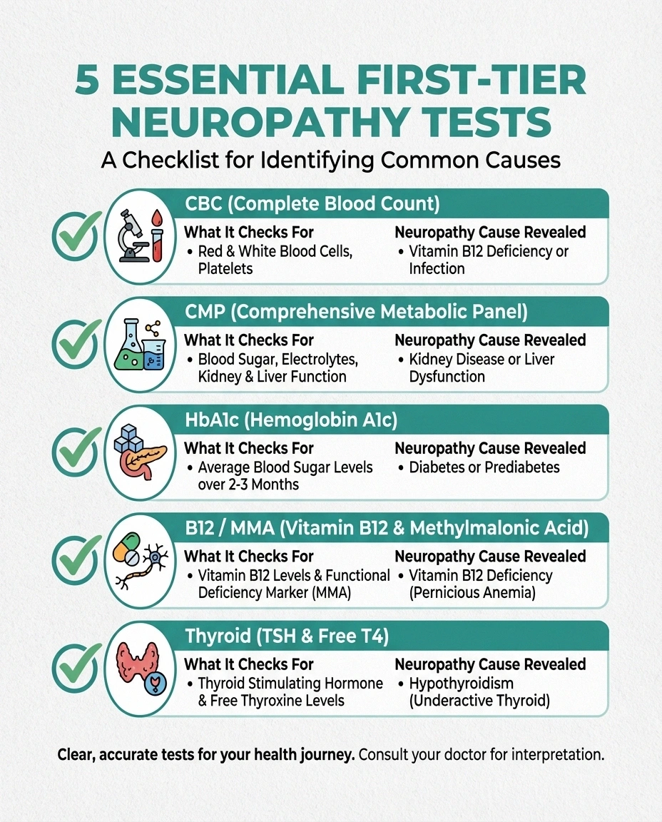 Infographic checklist showing five essential first-tier blood tests for neuropathy diagnosis including CBC HbA1c B12 thyroid