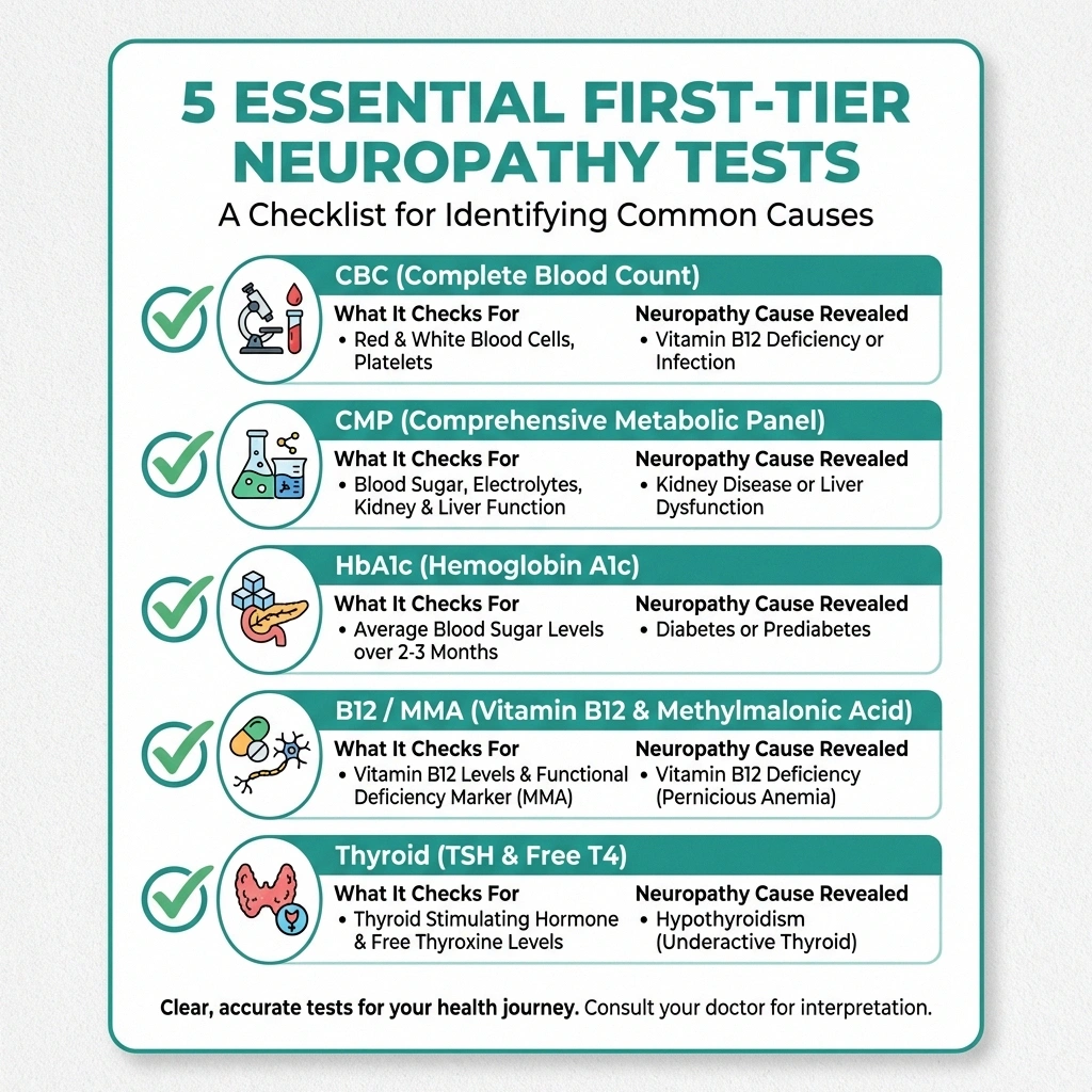 Infographic checklist showing five essential first-tier blood tests for neuropathy diagnosis including CBC HbA1c B12 thyroid