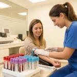 Phlebotomist drawing blood for neuropathy lab tests with multiple collection tubes in rack