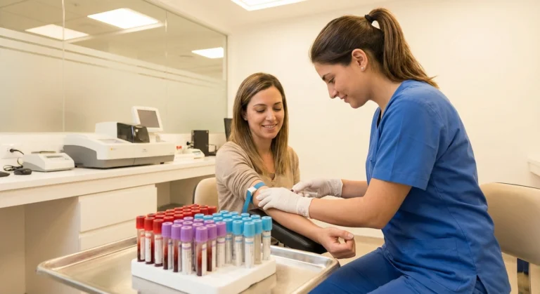 Phlebotomist drawing blood for neuropathy lab tests with multiple collection tubes in rack