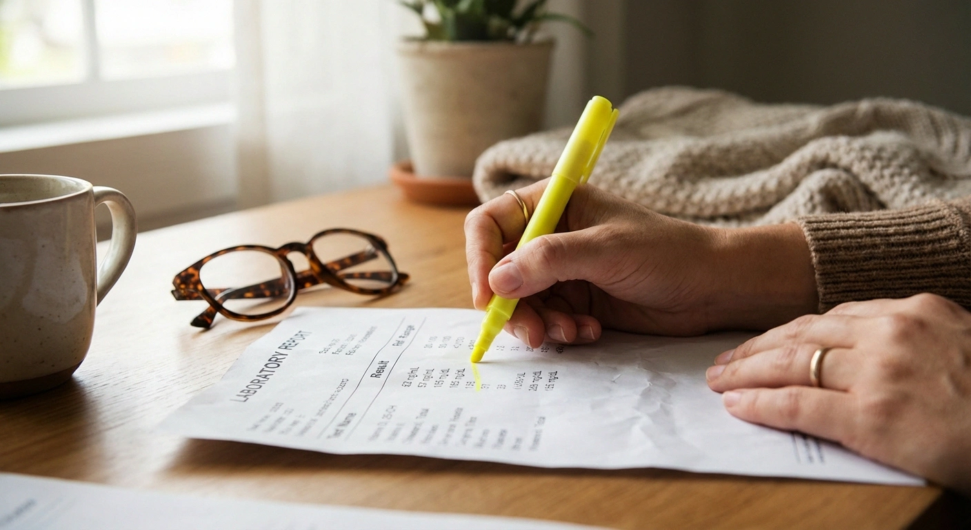 Person reviewing and highlighting neuropathy blood test lab results at home with reading glasses