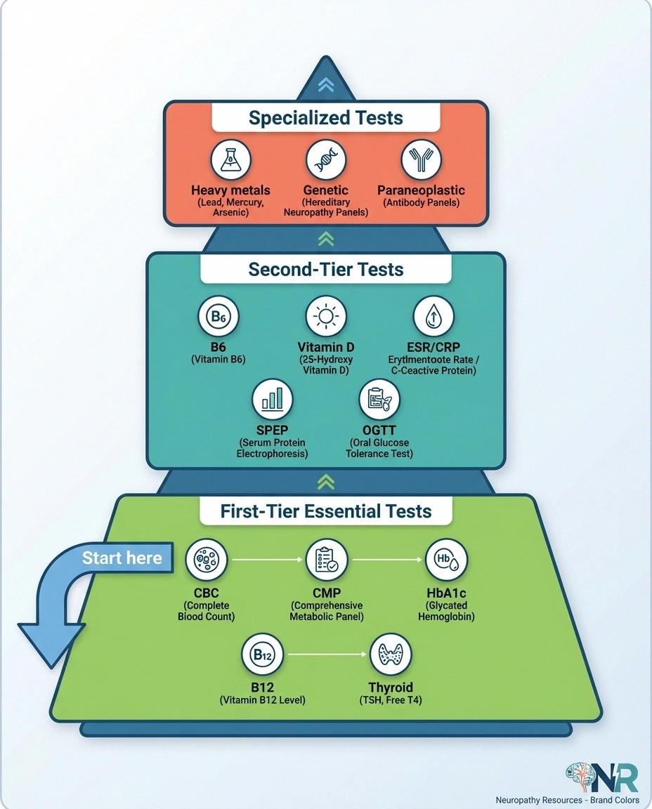Three-tier pyramid showing neuropathy blood test progression from essential first-tier to specialized tests for difficult cases