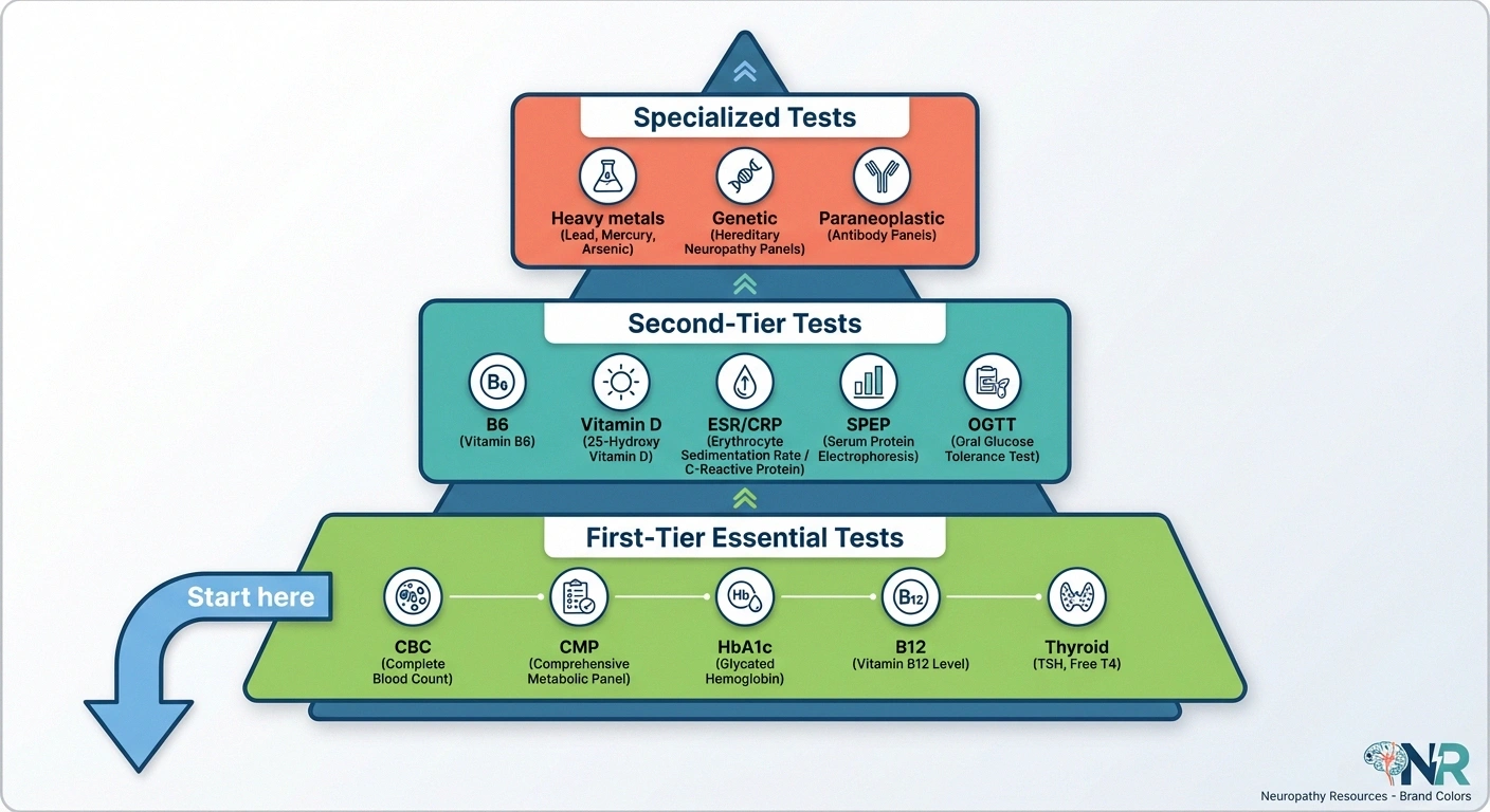 Three-tier pyramid showing neuropathy blood test progression from essential first-tier to specialized tests for difficult cases