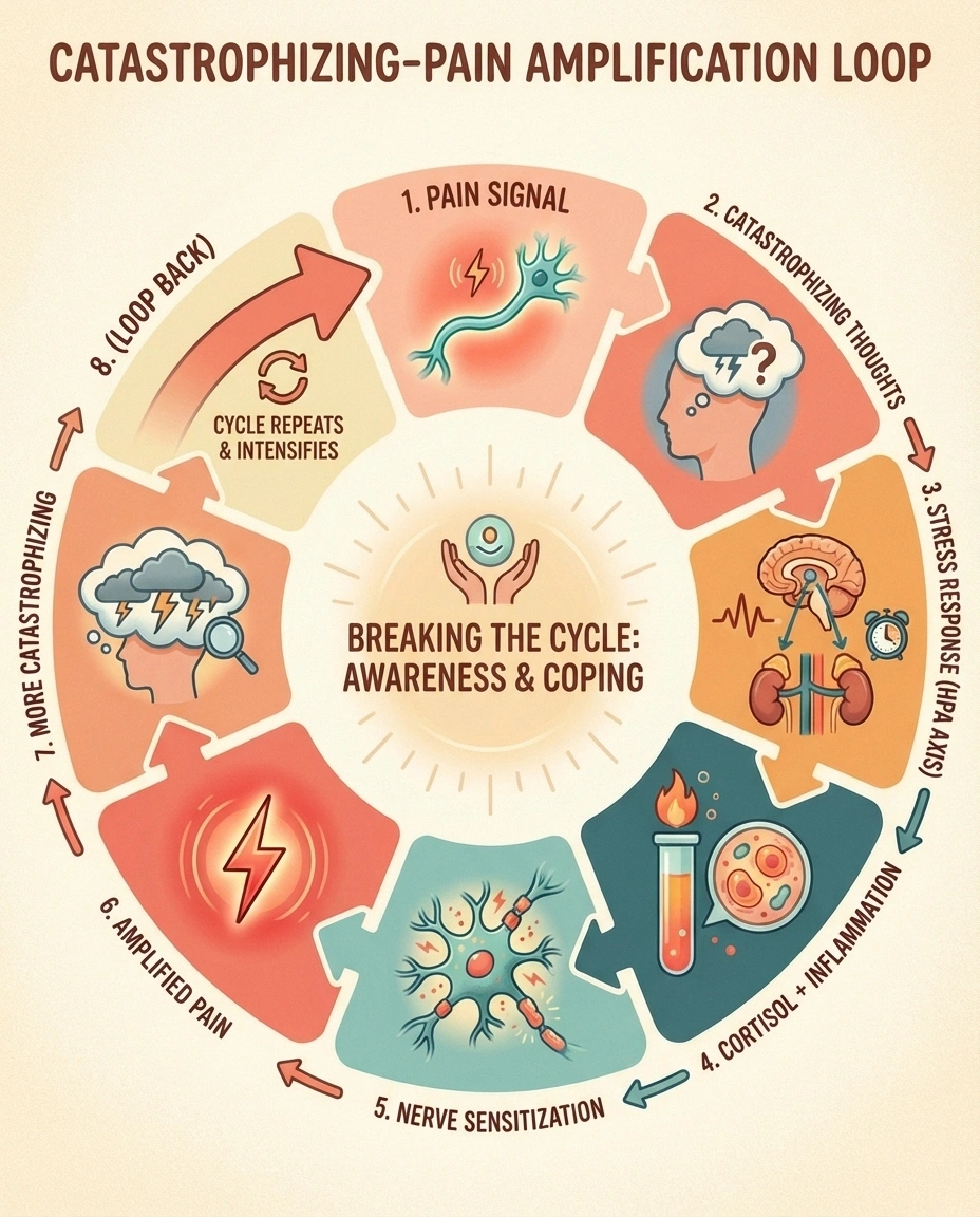 Circular diagram showing how pain catastrophizing activates the stress response and inflammation loop that amplifies neuropathic pain signals