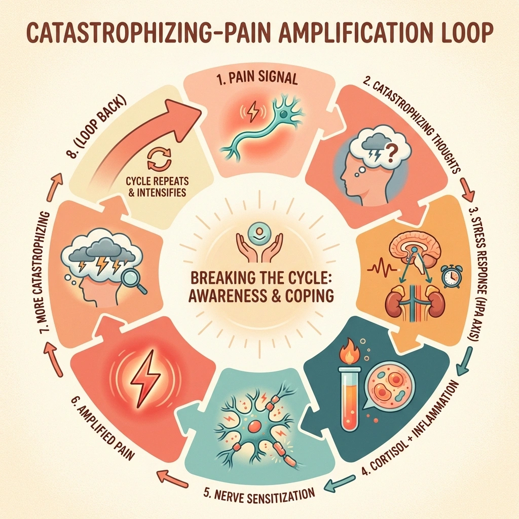 Circular diagram showing how pain catastrophizing activates the stress response and inflammation loop that amplifies neuropathic pain signals