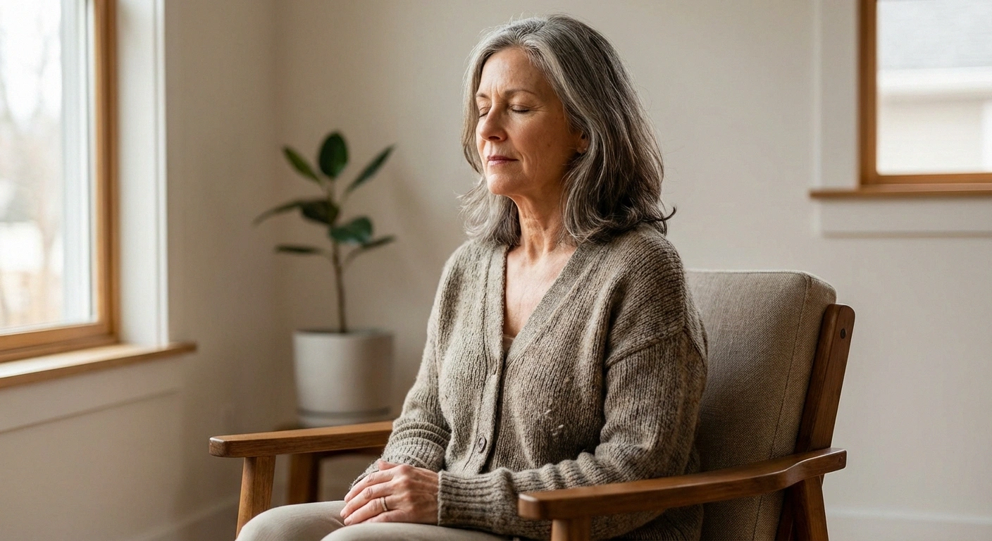 Older person sitting calmly with eyes closed practicing mindfulness meditation for neuropathy pain management