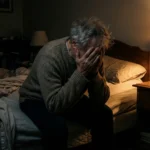 Person sitting on edge of bed at night with head in hands, experiencing pain catastrophizing thoughts during a neuropathy flare