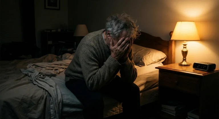 Person sitting on edge of bed at night with head in hands, experiencing pain catastrophizing thoughts during a neuropathy flare
