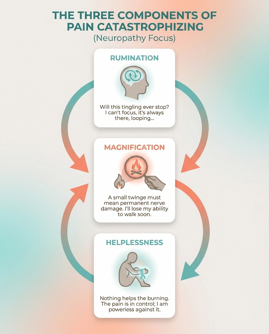 Infographic explaining the three components of pain catastrophizing — rumination, magnification, and helplessness — and how they create a self-reinforcing cycle in neuropathy