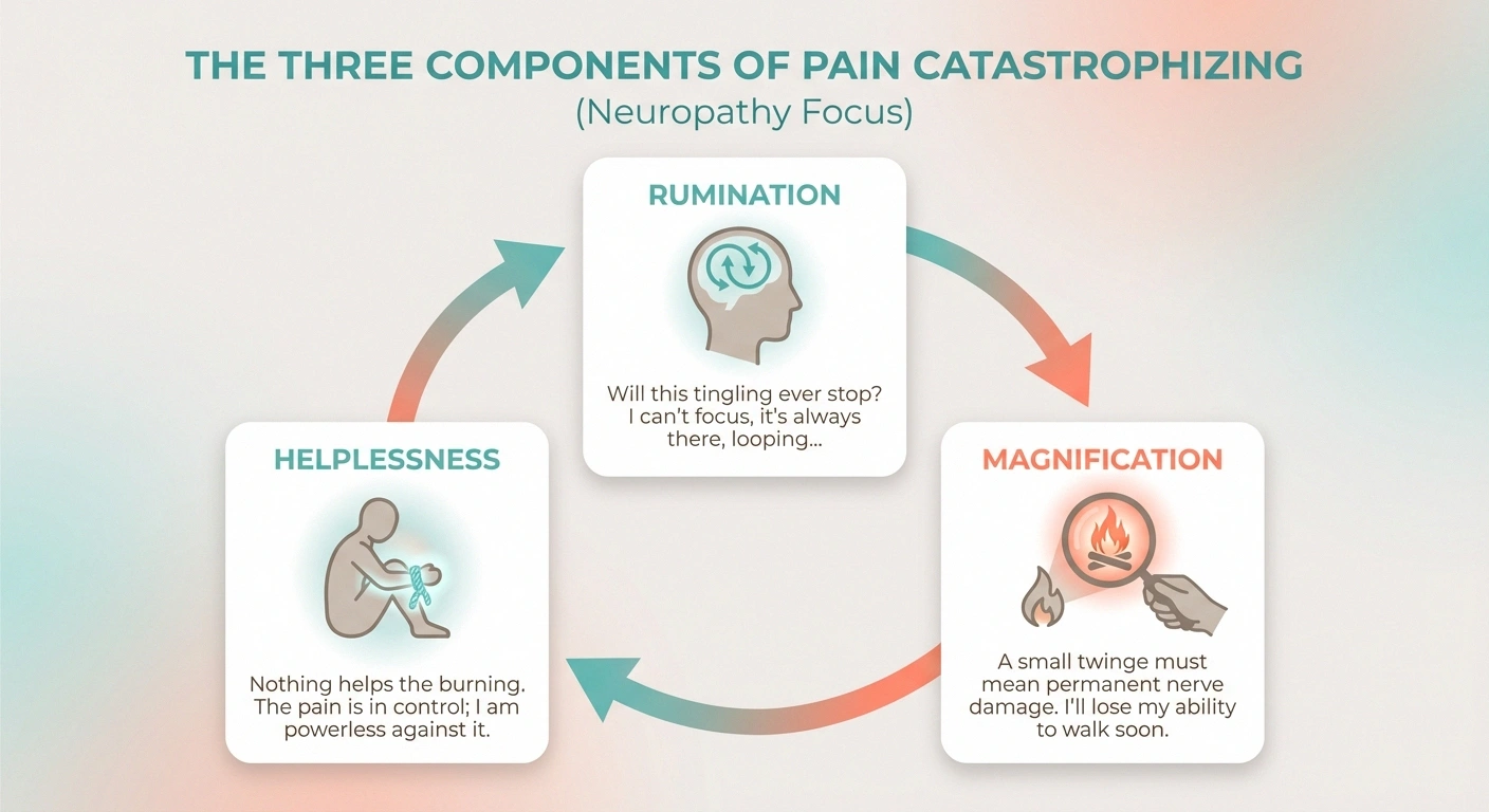 Infographic explaining the three components of pain catastrophizing — rumination, magnification, and helplessness — and how they create a self-reinforcing cycle in neuropathy