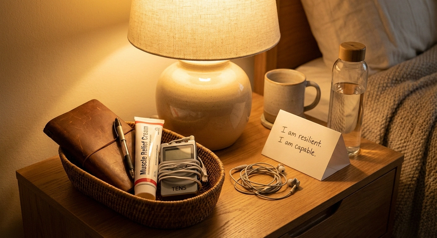 Nightstand pain toolkit for neuropathy showing a journal, topical cream, TENS unit, earbuds, and coping cards arranged by a bedside lamp