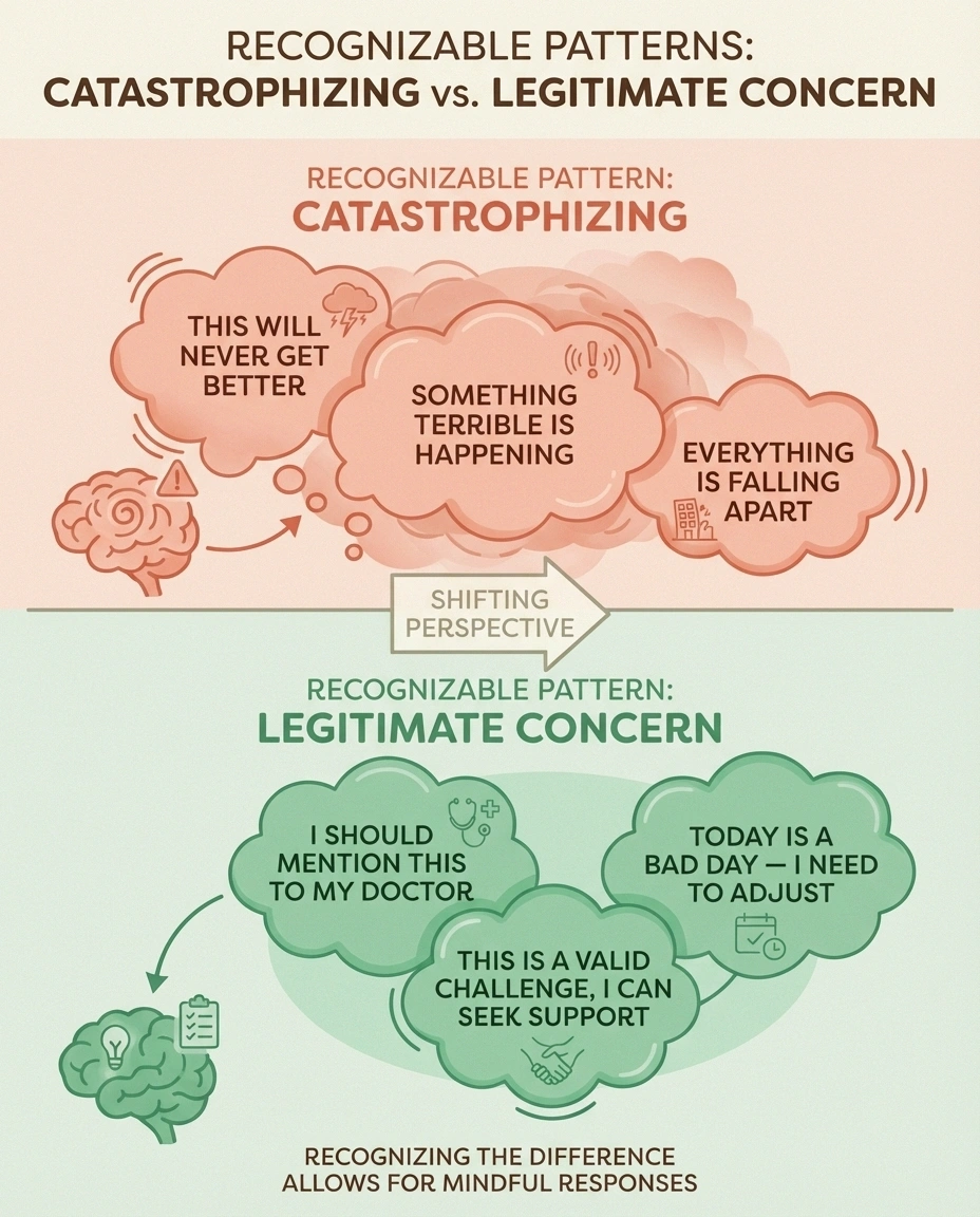 Comparison infographic showing the difference between pain catastrophizing thoughts and legitimate health concerns for people with neuropathy