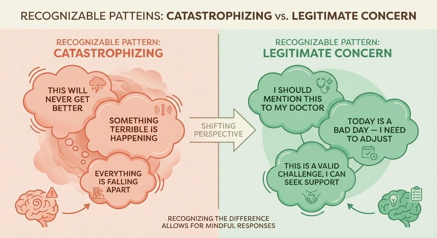 Comparison infographic showing the difference between pain catastrophizing thoughts and legitimate health concerns for people with neuropathy