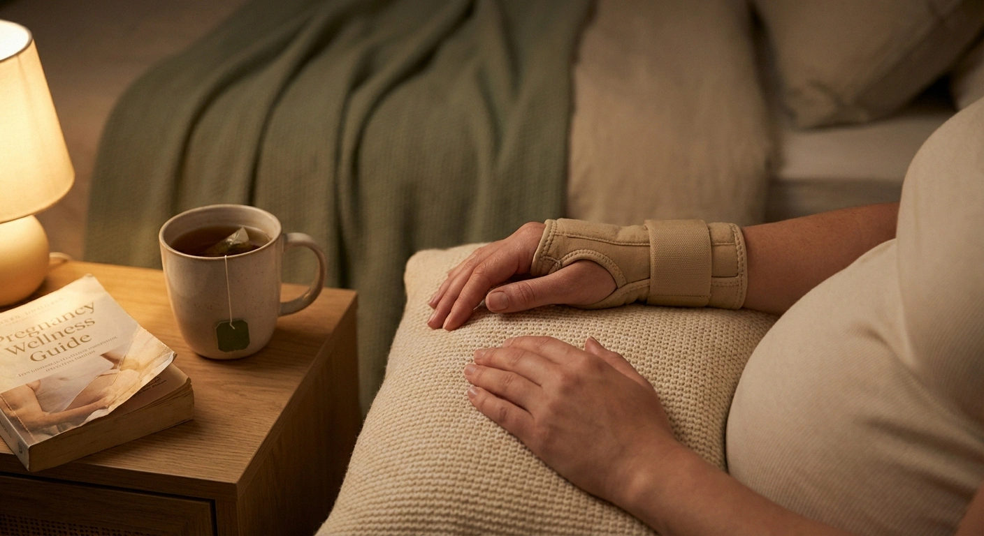 Woman wearing wrist splint for carpal tunnel syndrome during pregnancy, resting in bed with nighttime routine items nearby