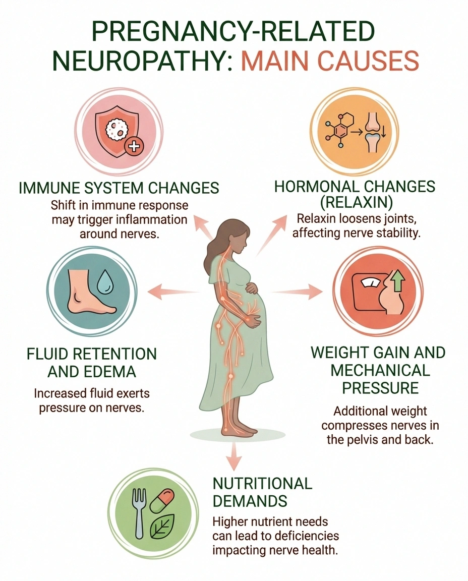 Infographic explaining five causes of neuropathy during pregnancy including fluid retention, hormonal changes, and nutritional demands