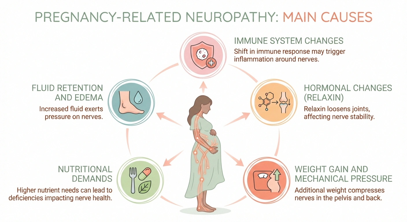 Infographic explaining five causes of neuropathy during pregnancy including fluid retention, hormonal changes, and nutritional demands
