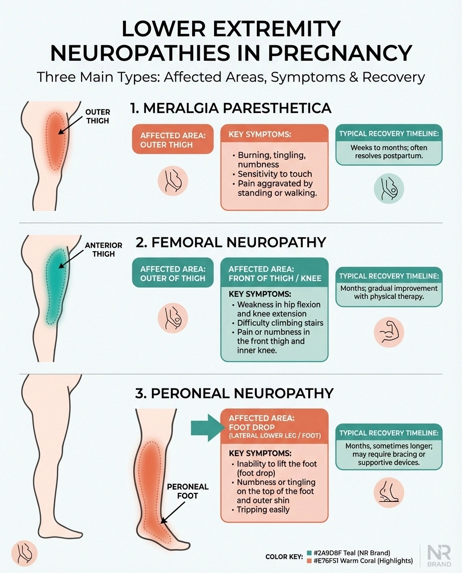 Diagram showing three types of lower extremity neuropathy in pregnancy — meralgia paresthetica, femoral, and peroneal — with affected areas and symptoms