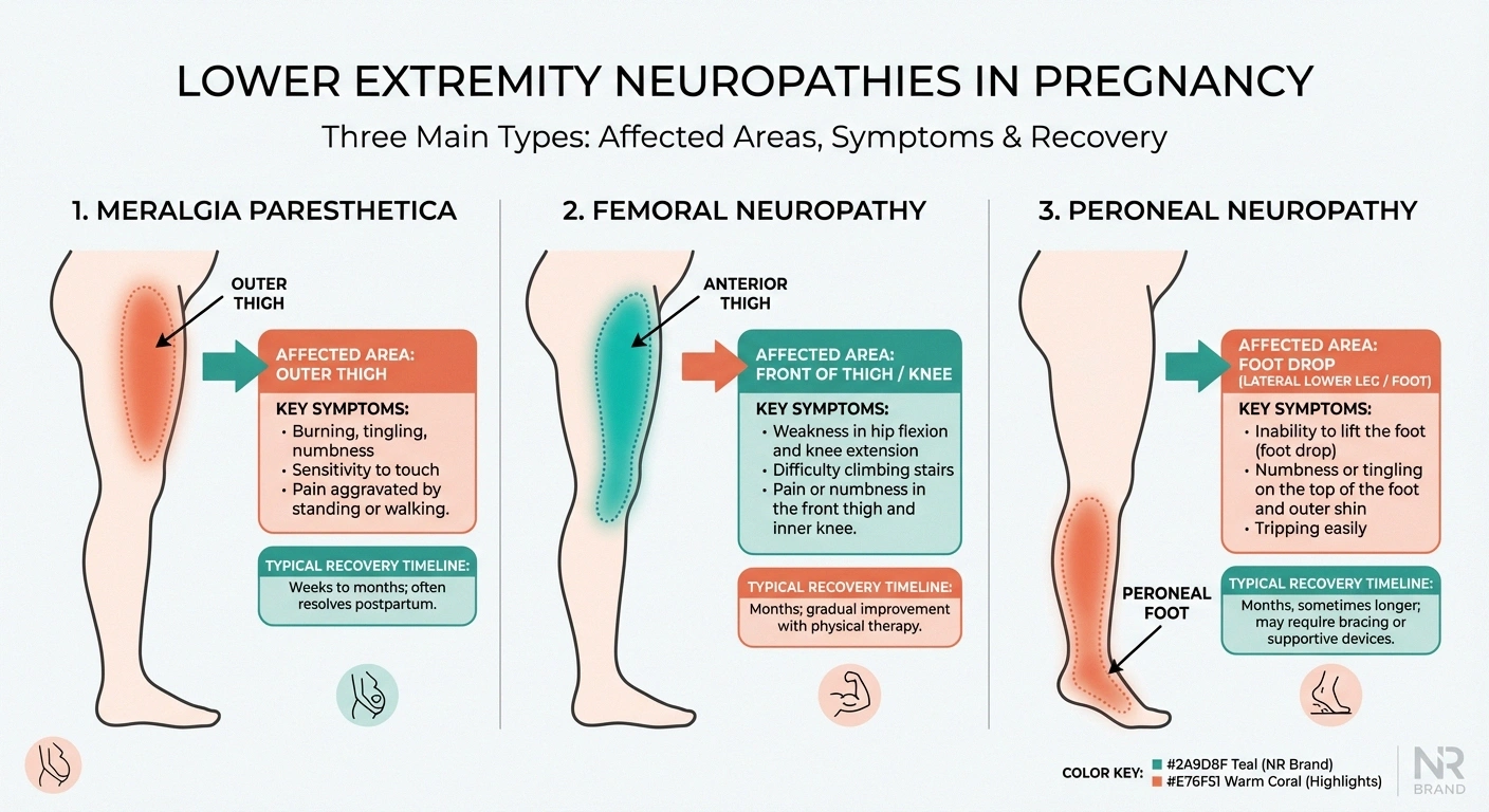 Diagram showing three types of lower extremity neuropathy in pregnancy — meralgia paresthetica, femoral, and peroneal — with affected areas and symptoms