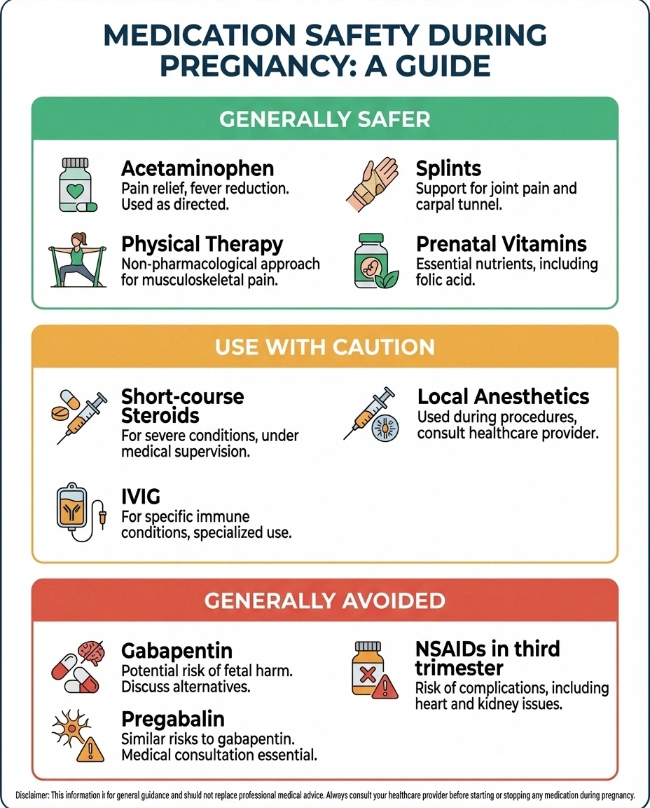 Infographic showing medication safety categories during pregnancy for neuropathy treatment — safer options, use with caution, and generally avoided
