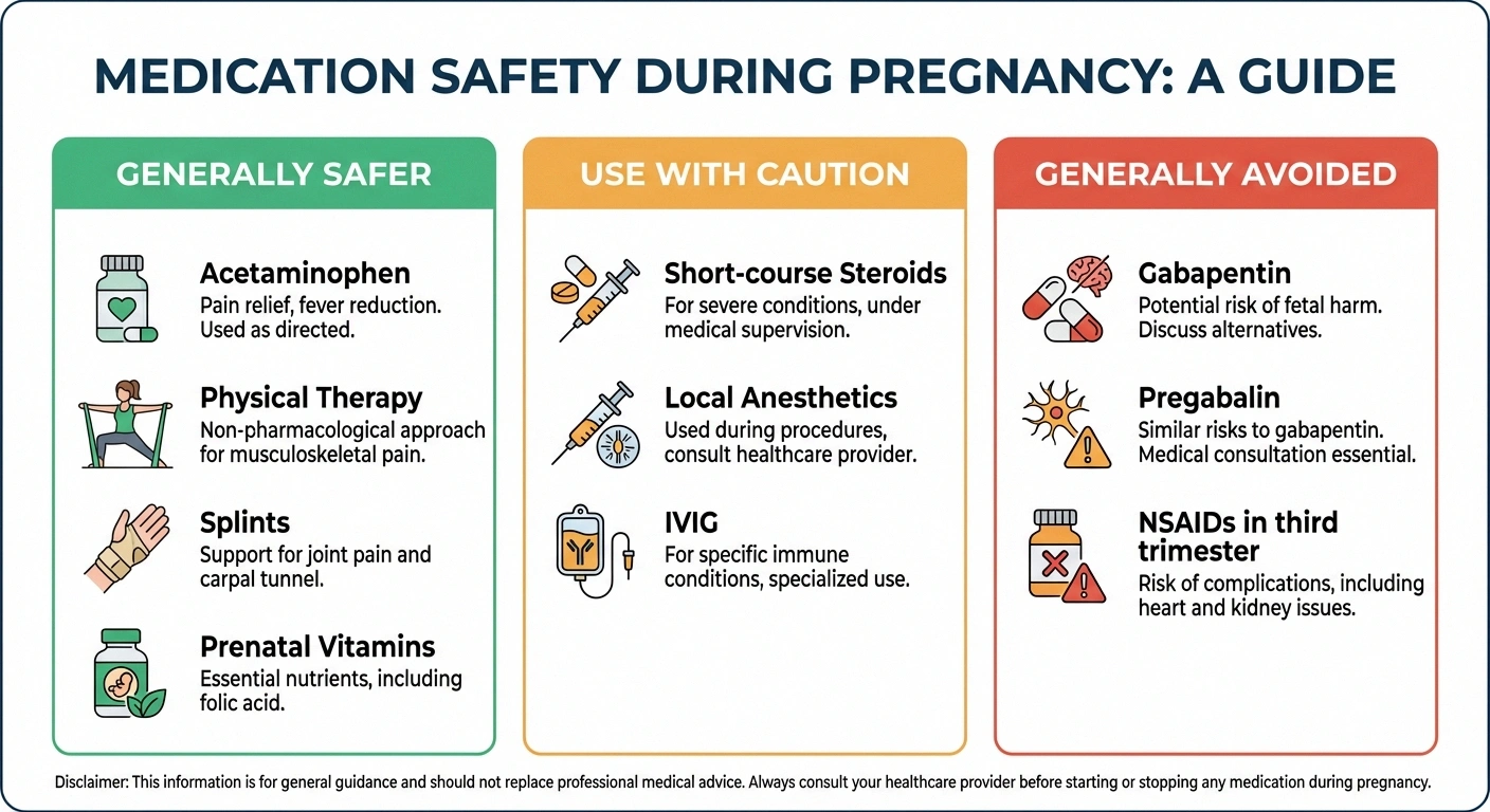 Infographic showing medication safety categories during pregnancy for neuropathy treatment — safer options, use with caution, and generally avoided